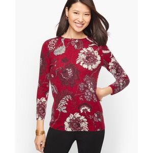 Talbots Audrey Pure Cashmere crewneck Sweater Red Floral 3/4 Sleeve XL Petite